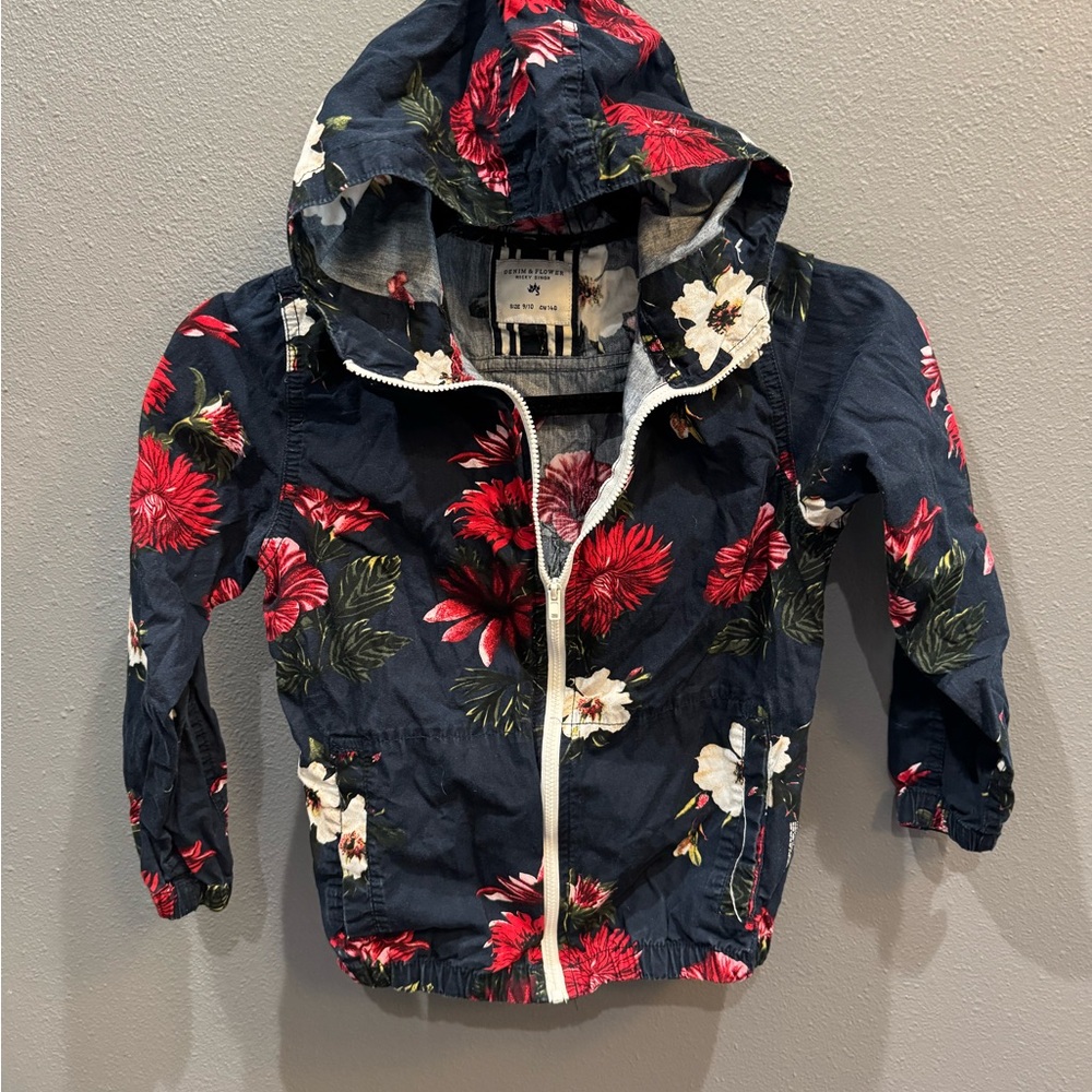 Denim & Flower Navy Hooded Floral Raincoat with Red & White Flowers